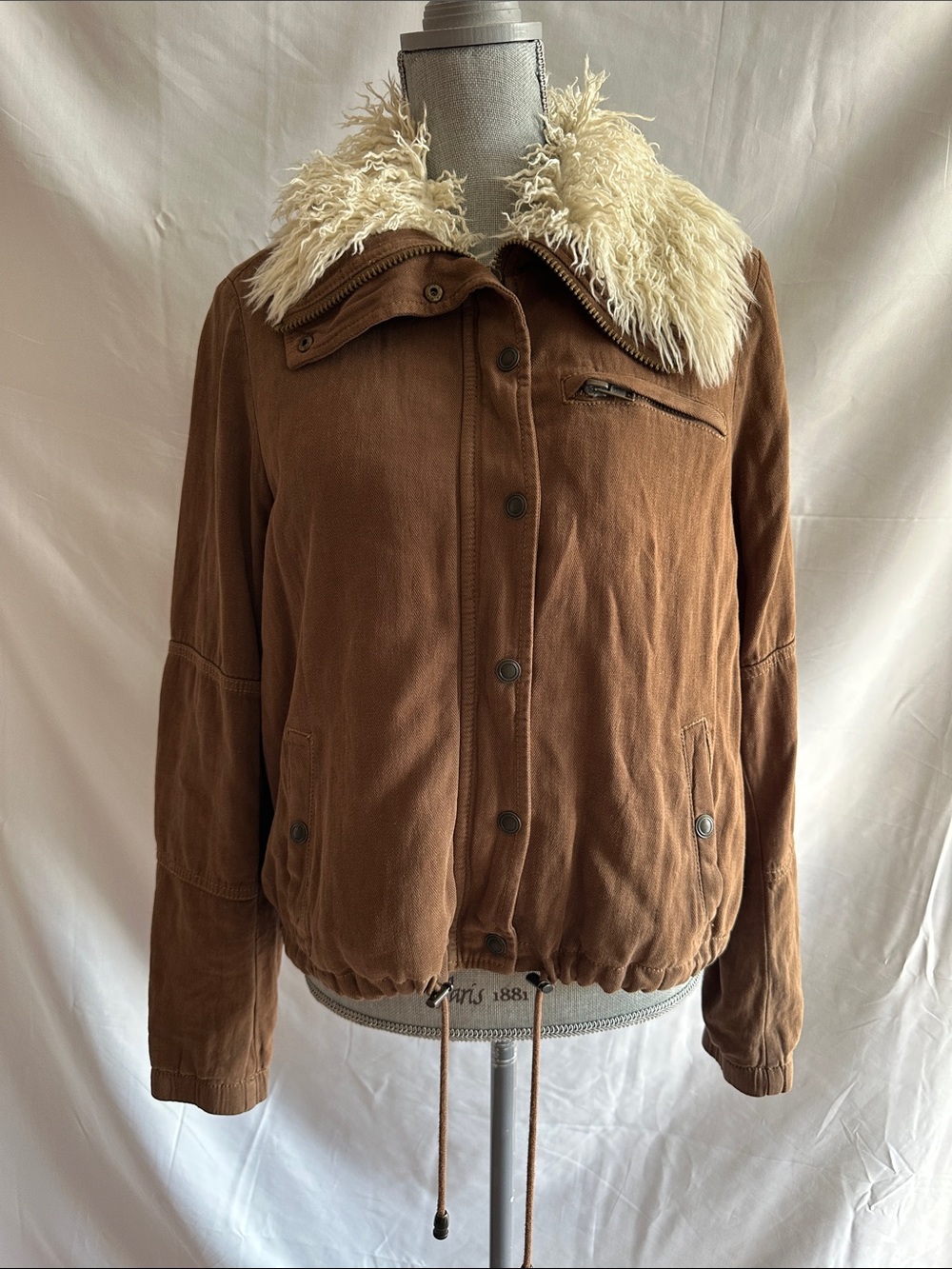 Free People Brown Bomber Jacket with Cream Faux Fur Collar